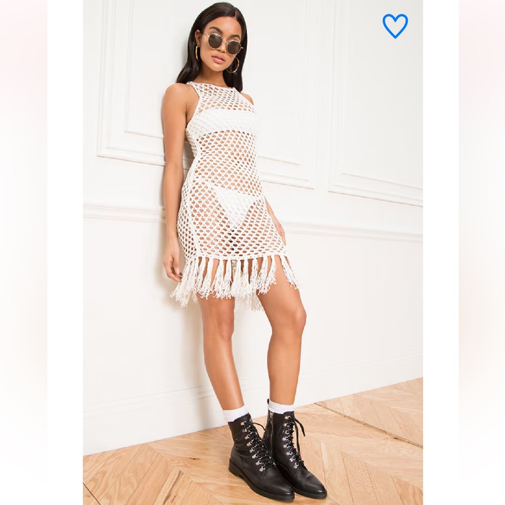 Superdown Bri Crochet Mini Dress White Mini Size XS Fringe Tassel Hem